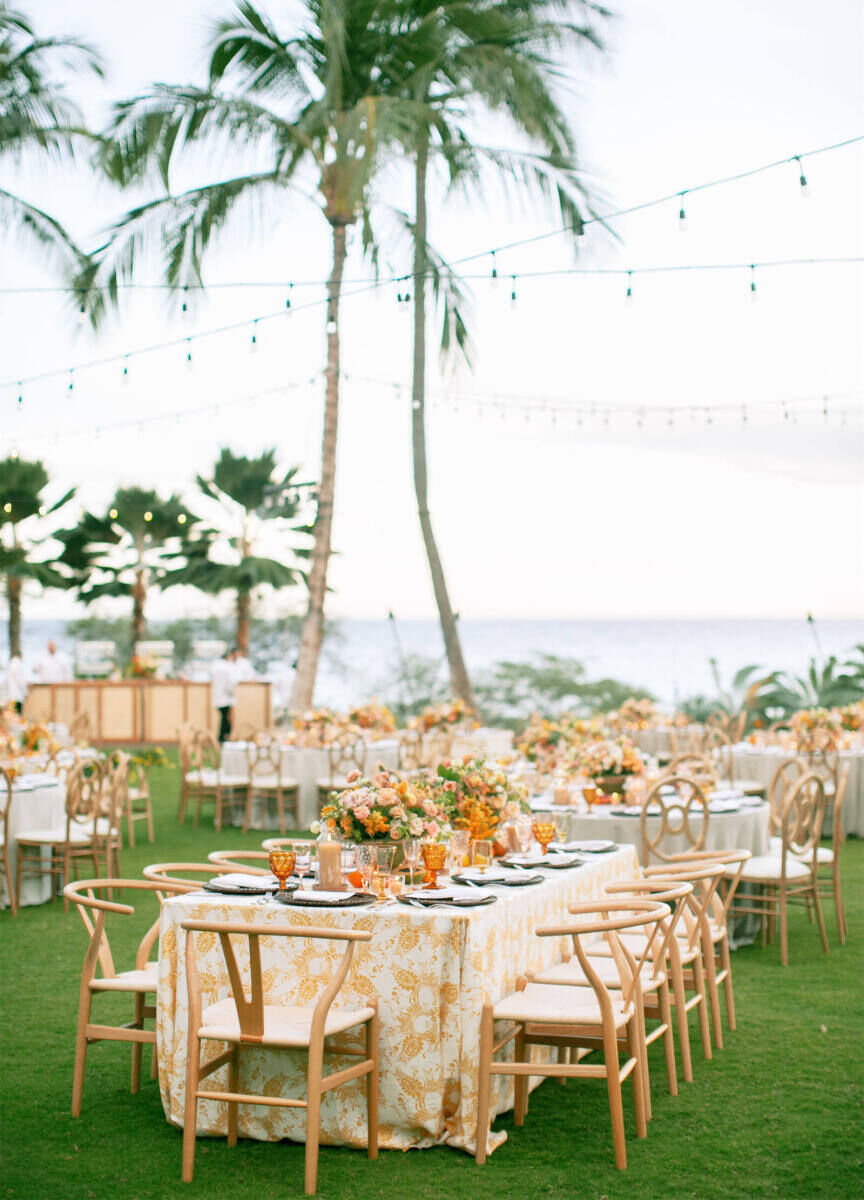 Wedding Tips: A beautiful, airy reception set-up with water and palm trees in the background. 