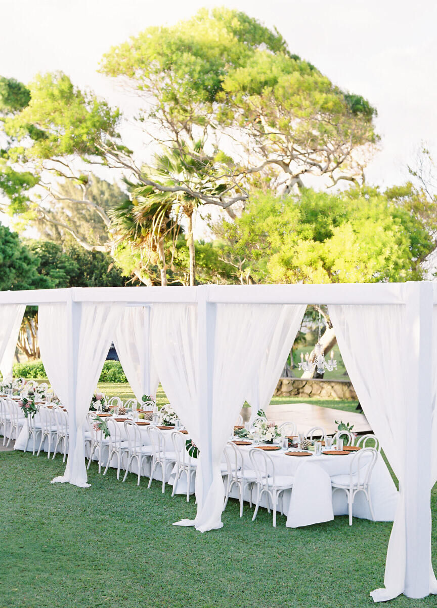 Wedding Venue: The Steeple House, wedding reception tables with beautiful white draped structure