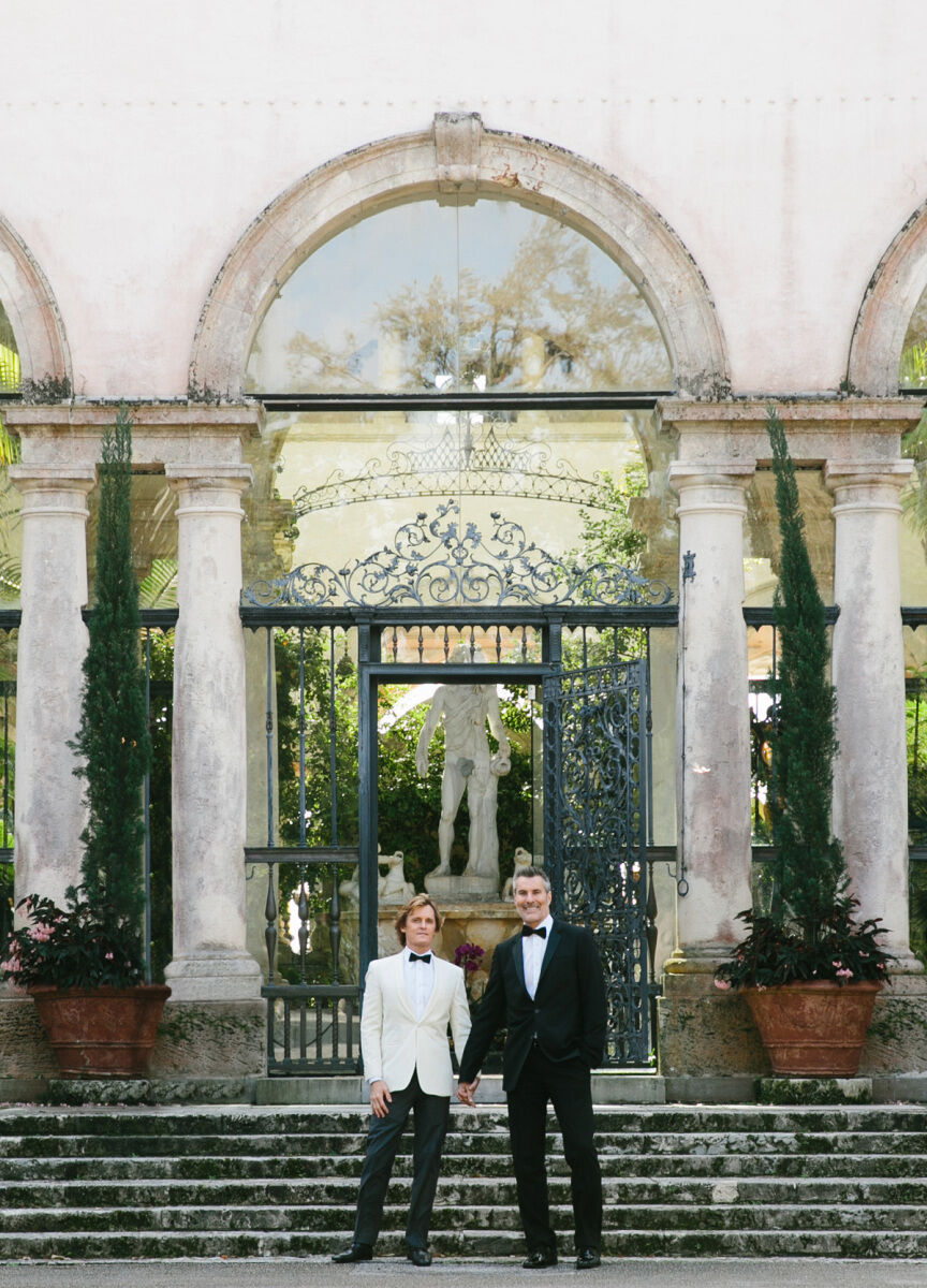 Best Wedding Venues for Creative Couples: Two grooms at Vizcaya Museum & Gardens.
