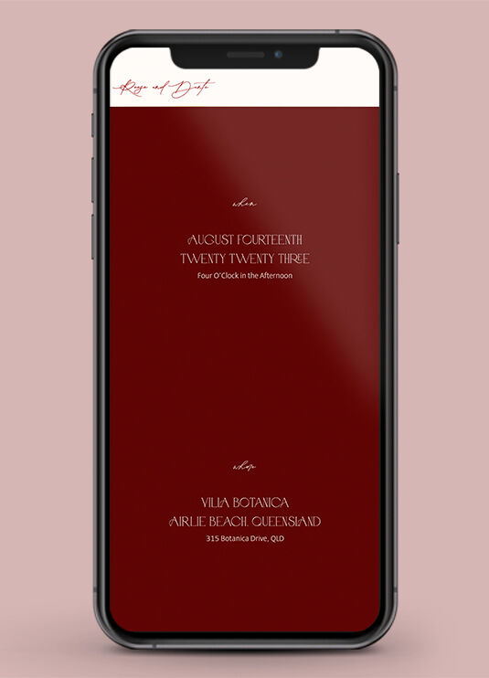 Wedding Website Examples: The mobile version of a wine-red wedding website.