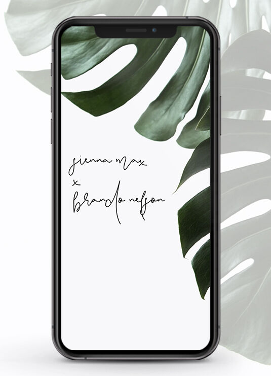 Wedding Website Examples: The mobile version of a tropical leaf-accented wedding website.