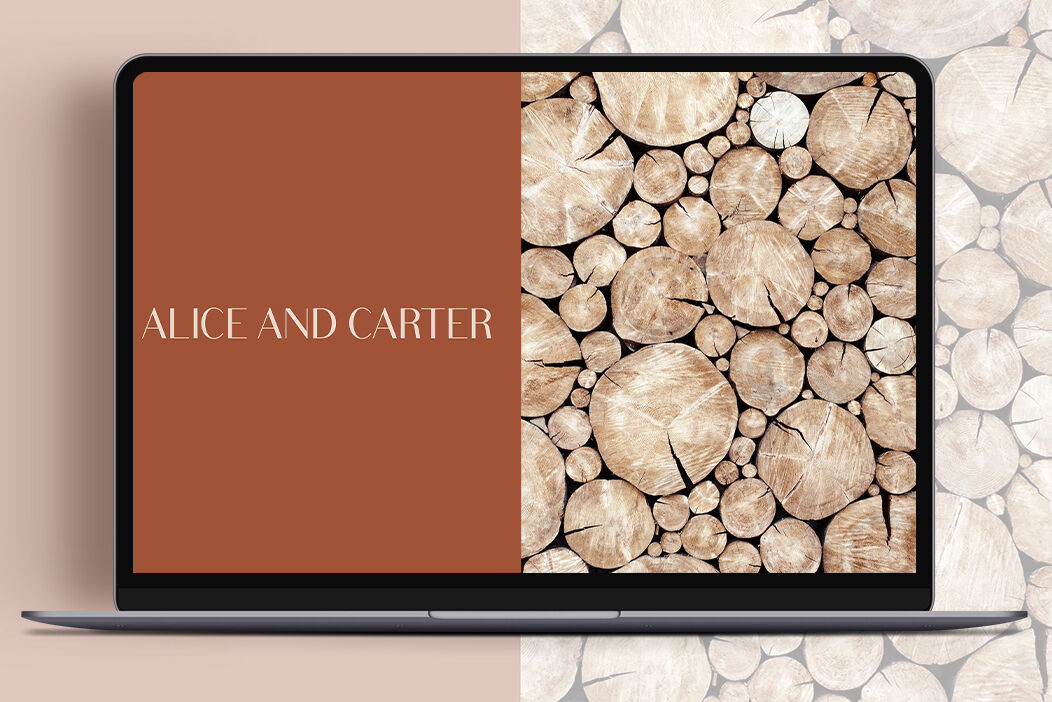 Wedding Website Examples: A burnt orange and wood-accented desktop image of a wedding website homepage.