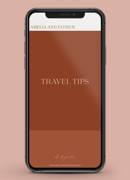 Wedding Website Examples: A mobile display of a wedding website with brown, rust tones.