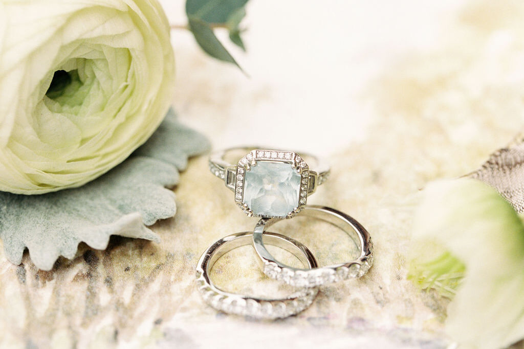 Wedding Website Examples: An up-close look at engagement and wedding rings with light green roses in the back.