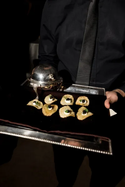 Wedding appetizers, passed hors d'oeuvres arranged on a silver tray, neatly plated bites presented for guests during cocktail hour.
