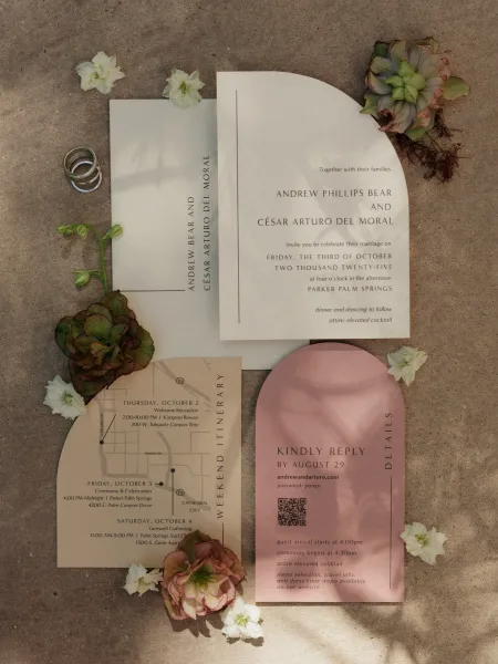 Wedding invitation suite with modern wedding invitations, vellum overlay and stacked rings, styled with succulents on a stone surface