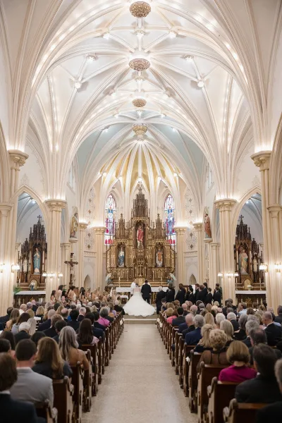 Wedding ceremony in a church with bride and groom at altar, bridal party lined up, long train dress, stained glass and chandeliers overhead