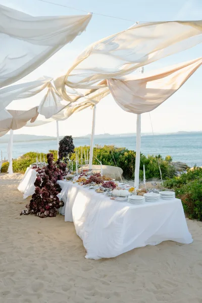 Grazing table setup for a beach wedding reception under a sheer fabric canopy on a sandy shore, with the ocean and sky beyond.