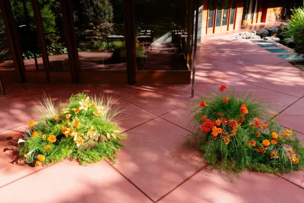 Aisle floral arrangements with ground aisle flowers in orange blooms and lush greenery lining a sunlit stone patio walkway by glass doors
