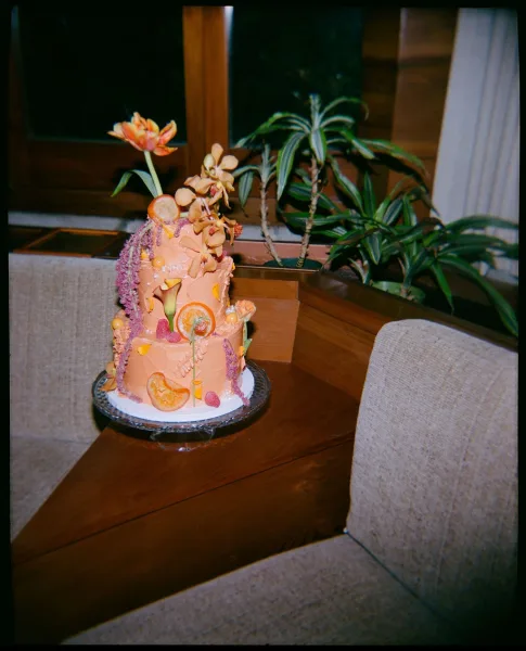 Wedding cake with peach wedding cake buttercream, sugar orchids, citrus slices and berries on a stand by a window with indoor plants