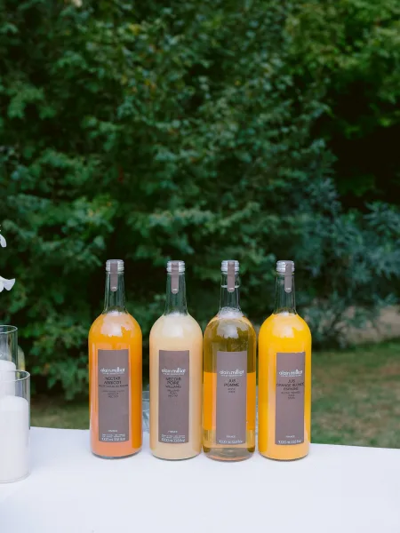 Drink station serving as a welcome drinks table, lined with glass bottles, set in a garden among trees, shrubs, and lawn.