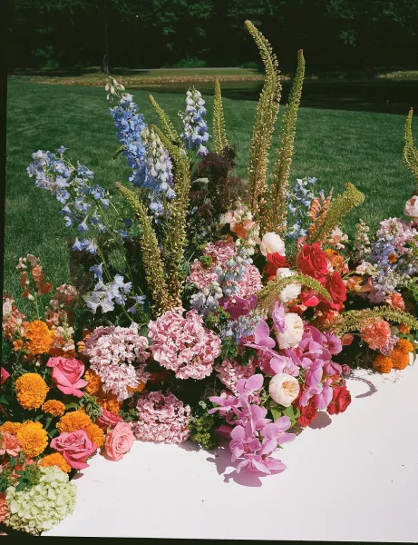 Ceremony floral arrangement of lush outdoor ceremony flowers with orchid accents on a grass lawn, framed by trees and water beyond.