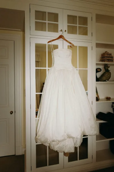 Wedding dress, a strapless ball gown in ivory, hangs from a wood hanger against glass-paneled doors with built-in shelves in an indoor room.