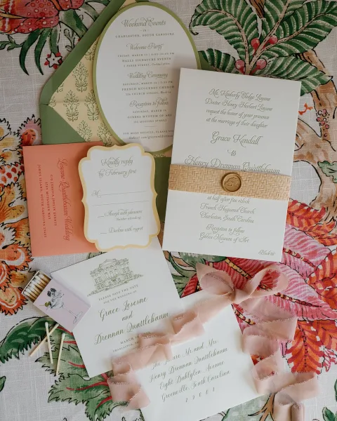 Invitation suite flat lay with wedding invitation cards, RSVP and save the date, sage ribbon bow and wax seal on floral fabric backdrop