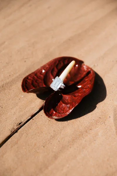 Engagement ring with an emerald cut diamond resting on a red anthurium accent, styled on a sunlit wood surface with shadows