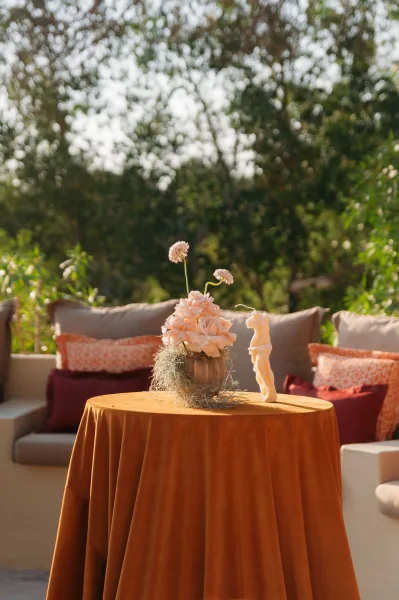 Reception lounge decor with wedding lounge seating around a round cocktail table in velvet, peach flowers and moss centerpiece, sunlit garden backdrop