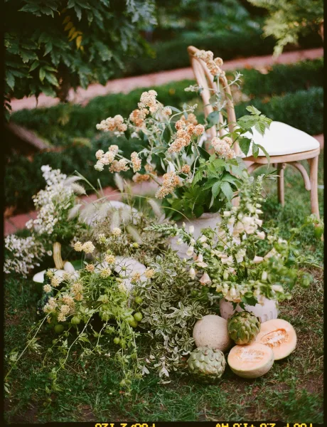 Wedding ceremony decor with garden ceremony flowers around a wooden chair, greenery and potted plants with melon and artichokes on a lawn path