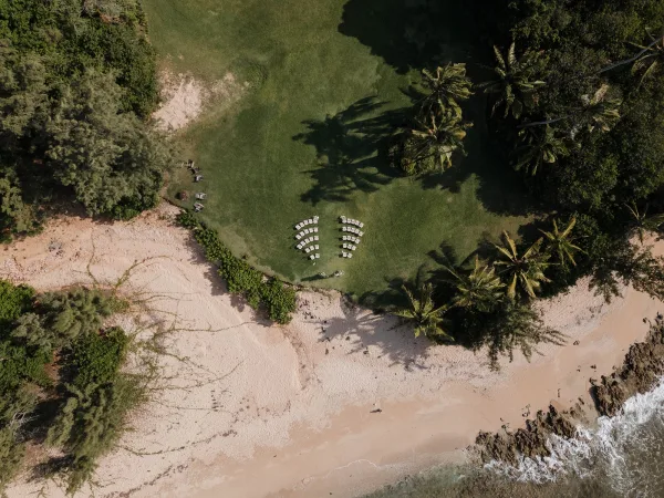 Beach ceremony setup with curved chair layout and floral aisle markers on a seaside lawn, framed by palm trees and rocky shoreline.
