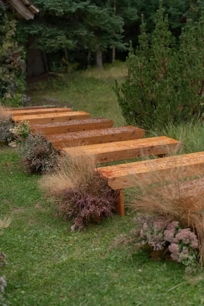 Ceremony seating with wood bench wedding seating lined by wildflowers and dried grasses on a grass lawn framed by trees and shrubs