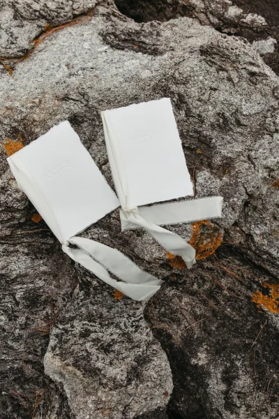 Vow books, a vow book set tied with a silk ribbon, rest on a lichen-speckled rock in a natural flat lay, minimalist and serene.