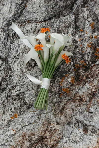 Bridal bouquet, a calla lily bouquet of white blooms with orange flowers, resting on a lichen-flecked rock.