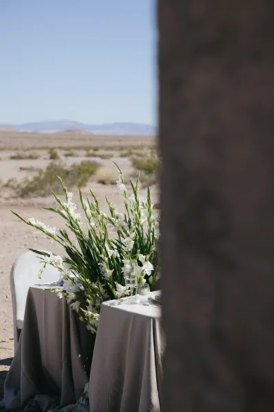 Reception tablescape styled as a sweetheart table with white gladiolus, set against a desert landscape with blue sky and distant mountains.