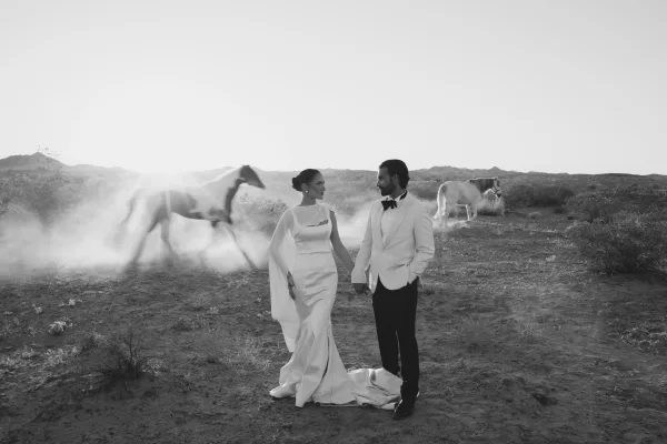 Couple portrait of a bride and groom holding hands, framed by horses in a dusty desert landscape with shrubs and distant hills.