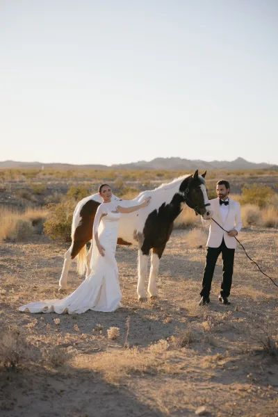 Couple portrait of a bride and groom with horse, the pair nestled in dry grass against a wide desert plain and distant mountains under open sky.