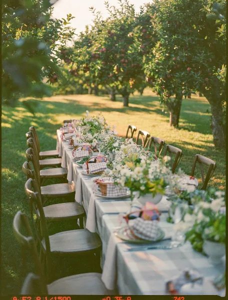 Outdoor reception tablescape with a long banquet table wedding setup, white linens, wooden chairs, and greenery garland in a sunny orchard