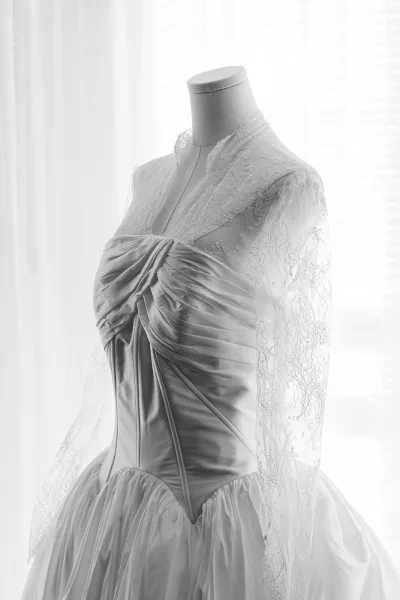 Wedding dress with lace sleeves and ruched bodice on a mannequin, tulle skirt softly lit by window daylight and sheer curtains