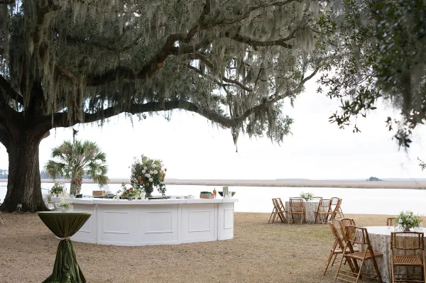 Outdoor wedding bar with white front panels, wedding bar setup florals, and drink signage beneath an oak tree with hanging moss by the water view