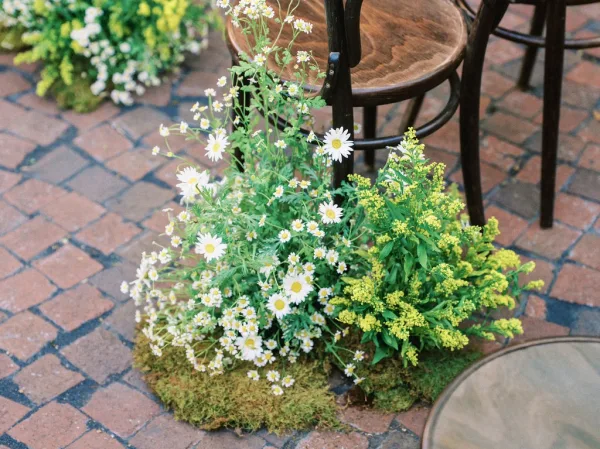 Ceremony aisle flowers with daisy aisle decor arranged low along the walkway, creating a soft meadow feel on a brick patio courtyard.