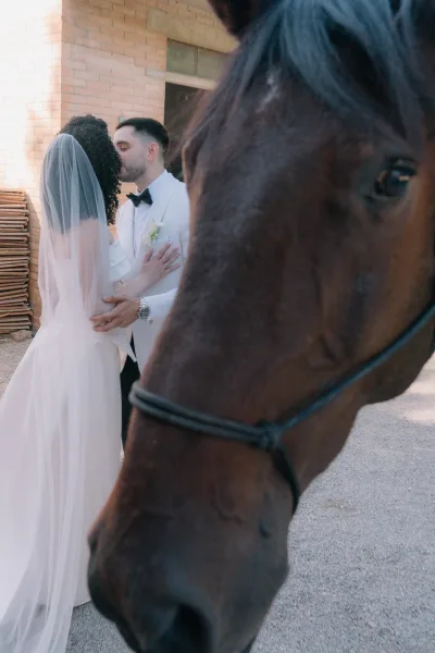 Wedding kiss portrait of bride and groom kissing in a close embrace, her long veil flowing as a horse bridle fills the foreground near a brick wall