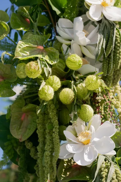 Wedding floral arch with ceremony arch flowers in green and white, featuring magnolia blooms and hanging amaranthus against blue sky and trees