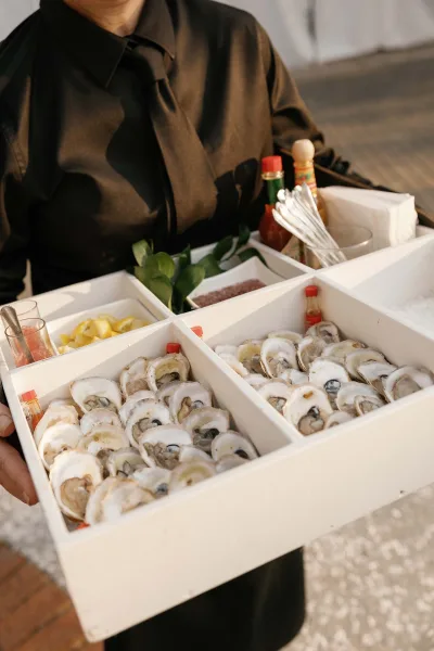 Oyster bar at a wedding raw bar, oysters presented with lemon wedges, set along a paved walkway with soft white drapery behind.