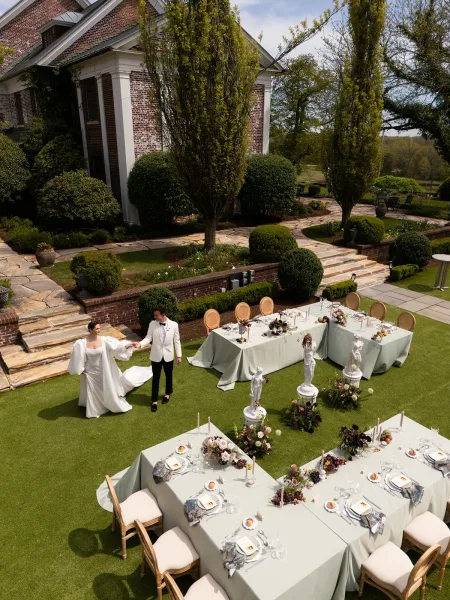 Outdoor reception decor in a garden reception setup, with taper candles glowing along U-shaped tables on a lawn before a brick building and hedges.