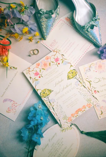 Invitation suite with watercolor wedding invitations, RSVP card and envelope, plus rings, rhinestone bridal shoes and fresh flowers on light fabric