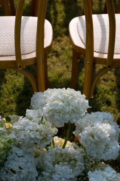 Ceremony aisle flowers form hydrangea aisle decor flanking wooden chairs, low clustered blooms lining the path in a soft, romantic arrangement.