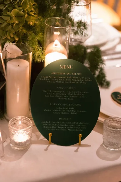 Wedding menu, a round wedding menu displayed on a menu stand, the circular card taking center stage.