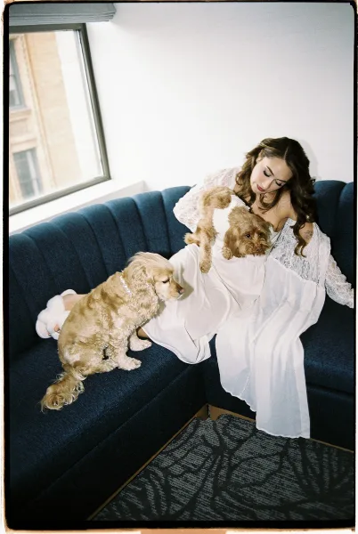 Bridal portrait of a bride with dogs in a lace robe over a silky slip, seated on a blue velvet sofa by a hotel window with city view