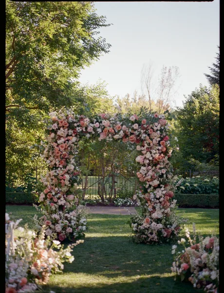 Wedding ceremony arch adorned with roses and hydrangeas, with greenery accents, set on a lawn with garden trees and iron fence backdrop