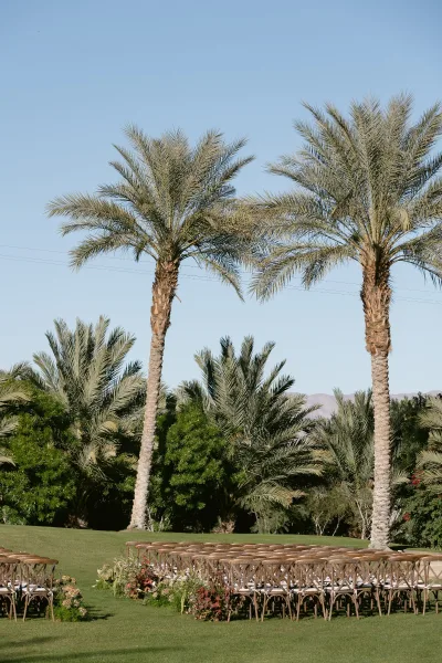 Ceremony setup featuring elegant ceremony seating of crossback chairs on a grass lawn with palm trees and distant mountain views.