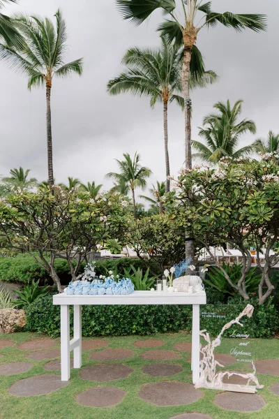 wedding welcome table featuring a wedding welcome sign in acrylic, set outdoors amid palm trees and tropical shrubs under a cloudy sky