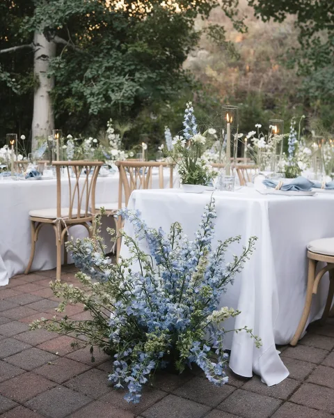 Reception tablescape with white linens, light blue napkins, delphinium centerpieces and candles on a long table set on a brick patio garden