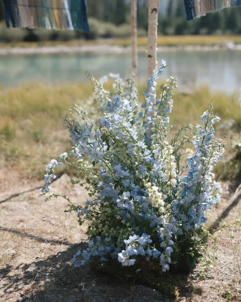 Ceremony florals with a ground floral arrangement of blue and white blooms and greenery beside birch poles and streamers by the lake