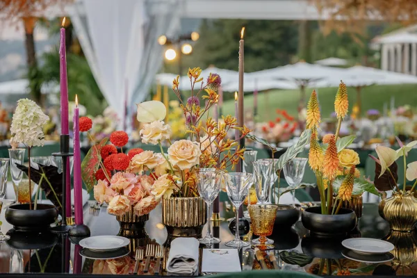 Reception tablescape with wedding table centerpiece of colorful florals, purple taper candles, amber goblets, and menus under string lights outdoors