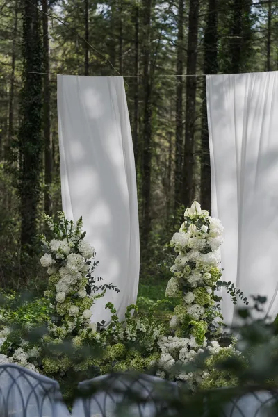 Ceremony setup featuring refined outdoor ceremony decor with soft drapery framing a woodland backdrop of forest trees and grass.